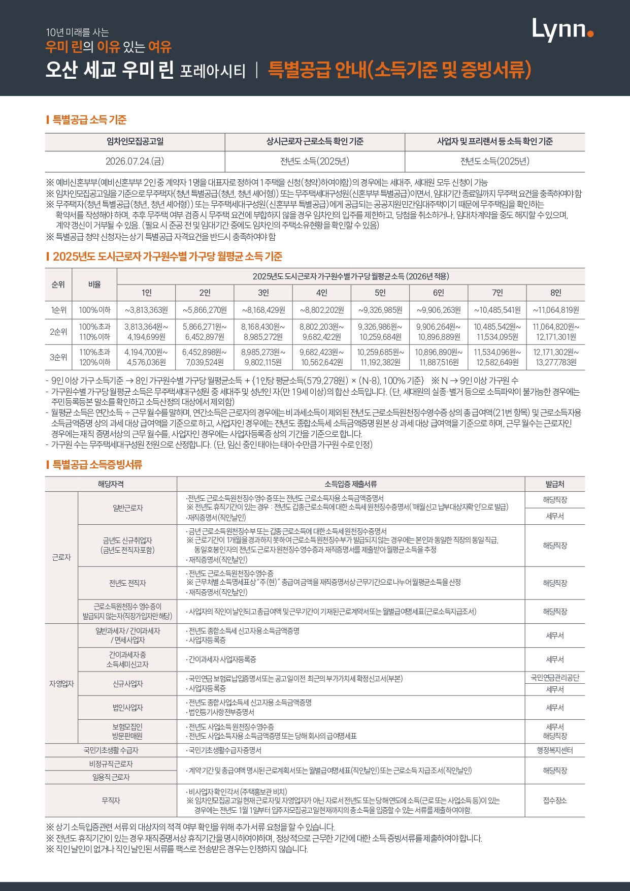 특별공급(소득기준 및 증빙서류)